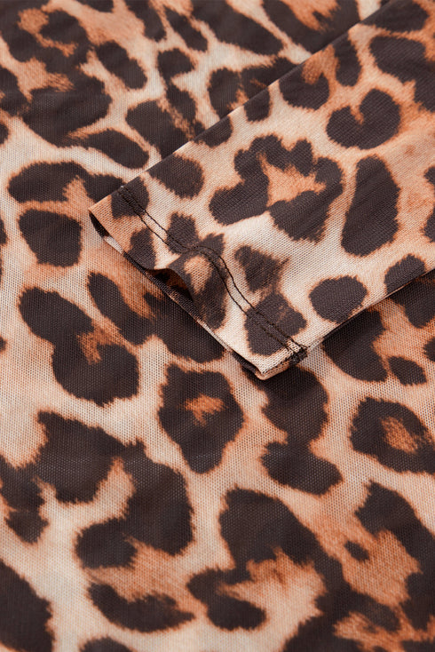 Leopard Mock Neck Sheer Mesh Fitted Long Sleeve Top